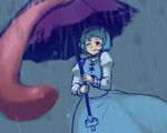  ;q blue_hair dress karakasa_obake magical_ondine one_eye_closed purple_umbrella rain red_eyes short_hair solo tatara_kogasa tongue tongue_out touhou umbrella 