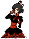  alternate_color alternate_eye_color alternate_hair_color black_hair blood bloody_hands covering_one_eye hat long_sleeves puffy_sleeves red_eyes shigureru short_hair soga_no_tojiko solo tate_eboshi touhou white_background 