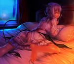  all_fours aritoki_ritsu ass barefoot bed bed_sheet color_contrast curtains demon_girl demon_tail demon_wings dress feet finger_to_face hair_ribbon hair_rings head_wings indoors low_wings lying night nightgown on_bed on_stomach one_eye_closed original panties pillow purple_hair red_eyes ribbon see-through short_hair silver_hair soles solo spread_legs striped striped_panties succubus tail toes twintails underwear window wings 
