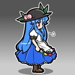  blue_hair blush cross-laced_footwear eruru_(erl) food fruit gradient gradient_background hat hinanawi_tenshi leaf long_hair long_skirt open_mouth peach puffy_sleeves red_eyes short_sleeves skirt solo touhou very_long_hair 