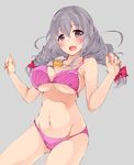  bikini bow braid breasts diagonal_stripes grey_hair hair_bow idolmaster idolmaster_cinderella_girls jewelry large_breasts long_hair navel necklace necktie open_mouth plus9 purple_bikini purple_eyes purple_swimsuit sakakibara_satomi simple_background solo striped swimsuit twin_braids underboob 