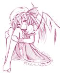  blush chata_maru_(irori_sabou) flandre_scarlet hat leg_hug long_hair looking_at_viewer monochrome no_nose simple_background solo touhou white_background wings 