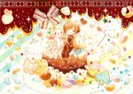  1girl :q absurdres bag bird book brown_hair cake candy chocolate cotton_candy dress food fork heart highres no_nose open_mouth original personification photo_background ribbon shimotsuki_yukino shoulder_bag sitting sweets tongue tongue_out white_hair 