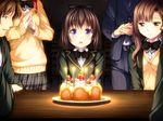  3girls black_hair blazer bookshelf bow brown_eyes brown_hair cake candle clapping d: food game_cg hair_ornament hairclip himori_shii jacket joker_-shisen_no_hate_no_doukeshi- kagurazaka_ikoi kuryuu_supika light_smile multiple_boys multiple_girls open_mouth oryou purple_eyes school_uniform short_hair smile steepled_fingers sweater 