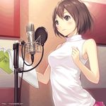  andou_hitomi animated animated_gif banned_artist blinking blush book brown_eyes brown_hair holding holding_book ilog mana_kakkowarai microphone microphone_stand official_art open_book open_mouth pop_filter sleeveless smile solo studio_microphone talking watermark web_address 