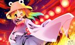  blonde_hair blue_hair blush cloud eyes gradient_hair green_hair hat kamiya_yuu long_sleeves moriya_suwako multicolored_hair one_eye_closed open_mouth red_hair short_hair sky solo touhou wide_sleeves yellow_eyes 