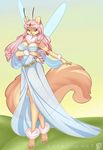  amber_eyes antennae belt breasts brown_body cleavage clothed clothing crown dress female fluffy_tail hair hindpaw long_hair looking_at_viewer luckypan neolucky orange paws pink_hair princess royalty sheer_clothing smile solo squee standing translucent wings yellow yellow_eyes 