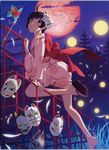  absurdres araragi_tsukihi bakemonogatari barefoot bird black_eyes black_hair blush cloud fox_mask full_moon highres japanese_clothes jungle_gym kimono legs looking_at_viewer mask monogatari_(series) moon night nisemonogatari non-web_source official_art pink_kimono scan shoe_dangle short_hair short_kimono short_yukata sky solo watanabe_akio yukata 