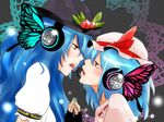  bad_id bad_pixiv_id blue_hair bug butterfly face-to-face food fruit hair_ornament hanadango hat hat_ribbon headphones hinanawi_tenshi insect leaf long_hair magnet_(vocaloid) multiple_girls open_mouth parody peach puffy_sleeves red_eyes remilia_scarlet ribbon short_hair short_sleeves touhou vocaloid 