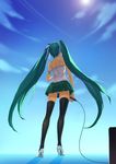  bare_shoulders day from_behind green_hair hatsune_miku high_heels highres huazha01 long_hair microphone panties pantyshot shoes skirt sky solo thighhighs twintails underwear upskirt very_long_hair vocaloid white_panties 