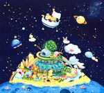  1girl aircraft airship blonde_hair cloud creature dolphin flag food hat horizon house innertube island ocean original planet rainbow sailor_hat shimotsuki_yukino space star star_(sky) takoyaki tree water 