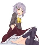  black_legwear bow brown_eyes frills hair_ornament hairclip idolmaster idolmaster_cinderella_girls koshimizu_sachiko no_panties open_mouth plus9 purple_eyes purple_hair school_uniform short_hair simple_background sitting skirt skirt_lift solo thighhighs white_background 