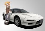  breasts car cleavage ground_vehicle honda honda_nsx hood hood_down medium_breasts motor_vehicle orange_hair original pants red_eyes right-hand_drive short_hair solo tomcat waving 