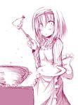  alice_margatroid apron blush chata_maru_(irori_sabou) food looking_at_viewer monochrome plate short_hair simple_background solo touhou white_background 