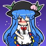  blue_hair blush bow eruru_(erl) food fruit hat hinanawi_tenshi leaf long_hair one_eye_closed peach puffy_sleeves purple_background red_eyes short_sleeves solo tears touhou very_long_hair 