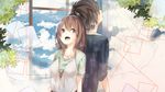  1girl back-to-back black_hair brown_eyes brown_hair casual cloud curtains la-na open_mouth original sky tree window 