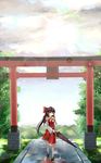  ascot bad_id bad_pixiv_id bow brown_hair closed_umbrella detached_sleeves hair_bow hair_tubes hakurei_reimu highres long_hair mary_janes red_eyes shoes shuizao_(little_child) solo torii touhou umbrella very_long_hair wide_sleeves 