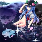  blue_hair bottomless cloud food fruit gradient_hair hat highres hinanawi_tenshi keystone leaf long_hair moon multicolored_hair navel no_bra one_eye_closed open_clothes open_shirt partially_submerged peach petals pink_hair puffy_sleeves red_eyes rock rope shide shimenawa shirt short_sleeves shuizao_(little_child) solo touhou water 