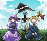  alice_margatroid apron blonde_hair blue_dress blue_eyes blue_sky book bow cloud clover crescent day dress four-leaf_clover gloves grass hair_bow hairband hat hat_ribbon highres kirisame_marisa long_hair multiple_girls musical_note outdoors patchouli_knowledge purple_hair red_dress ribbed_sweater ribbon sash scarecrow shanghai_doll short_hair sitting skirt sky smile sweater the_nekoma touhou waist_apron white_gloves witch_hat 