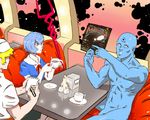  ayanami_rei blue_hair blue_skin cup dc_comics dr._manhattan lance_of_longinus neon_genesis_evangelion nude penis pepper_shaker red_eyes salt_shaker sitting teacup the_hitchhiker&#039;s_guide_to_the_galaxy the_hitchhiker's_guide_to_the_galaxy watchmen 