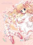  :d artist_name blonde_hair blue_eyes blush candy dress food holding long_hair looking_at_viewer maid_headdress morinaga_korune open_mouth original smile solo stuffed_animal stuffed_toy teddy_bear thighhighs two_side_up 