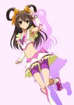  armpits bike_shorts brown_eyes brown_hair cosplay crop_top cure_dream cure_dream_(cosplay) hair_rings highres iyakun long_hair looking_at_viewer midriff navel pink_shorts precure shiny shiny_skin shorts simple_background smile solo standing standing_on_one_leg suzumiya_haruhi suzumiya_haruhi_no_yuuutsu yes!_precure_5 