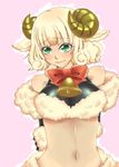  1girl absurdres bell blonde_hair blush green_eyes highres horns mamono_girl_lover midriff monster_girl monster_girl_encyclopedia navel ribbon sheep shy solo stomach weresheep 