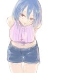  arms_behind_back bare_legs blue_hair breasts casual contemporary large_breasts leaning_forward light_smile looking_at_viewer midriff nagae_iku red_eyes ribbed_sweater sape_(saperon_black) seductive_smile short_hair shorts simple_background sketch sleeveless smile solo sweater touhou white_background 