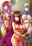  abs axe bad_id bad_pixiv_id battle_axe bikini blue_eyes blue_hair breasts brown_eyes brown_hair cape circlet dragon_quest dragon_quest_iii helmet highleg highleg_bikini highleg_swimsuit highres large_breasts lips lipstick long_hair makeup micro_bikini multiple_girls navel pubic_hair purple_hair roto sage_(dq3) shield short_hair slingshot_swimsuit smile soldier_(dq3) staff swimsuit sword weapon wide_hips yamakumo 