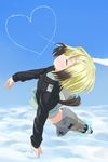  blonde_hair closed_eyes cloud condensation_trail day dog_tail erica_hartmann heart highres military military_uniform multicolored_hair sanjou_(weekly10) sky solo strike_witches striker_unit tail uniform world_witches_series 