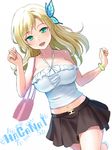  :d bag blonde_hair boku_wa_tomodachi_ga_sukunai breasts butterfly_hair_ornament green_eyes hair_ornament huge_breasts k+ kashiwazaki_sena long_hair midriff navel open_mouth skirt smile solo white_background 