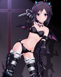  animal_ears antenna_hair armband armor bat_wings bikini bikini_armor black_hair choker elbow_gloves fake_animal_ears frills gloves heart highres idolmaster idolmaster_(classic) kikuchi_makoto looking_at_viewer meteors navel nightmare_blood pointing purple_hair shadow short_hair solo striped striped_legwear swimsuit thighhighs wings 