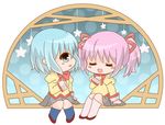  bloom2425 blue_eyes blue_hair blush_stickers chibi hair_ribbon kaname_madoka mahou_shoujo_madoka_magica miki_sayaka multiple_girls music pink_hair ribbon school_uniform short_hair short_twintails singing sitting twintails 