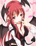  :p akanbe bat_wings belt black_legwear blush breasts cleavage collarbone demon_wings dress_shirt garter_straps head_wings koakuma large_breasts long_hair long_sleeves pleated_skirt pointy_ears red_eyes red_hair resized shirt skirt solo tenchou_no_matsumoto thighhighs tongue tongue_out touhou vest wings 