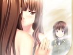  3: black_hair blazer brown_eyes brown_hair game_cg jacket joker_-shisen_no_hate_no_doukeshi- kagurazaka_ikoi kuryuu_supika long_hair mirror multiple_girls oryou purple_eyes reflection school_uniform short_hair wet 