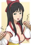  bar_censor bow breasts censored cosplay cum cum_in_mouth double_handjob downblouse ejaculation facial fellatio fingerless_gloves gloves hair_bow handjob hetero hyouka ichihisa kouchi_ayako medium_breasts multiple_penises nakoruru nakoruru_(cosplay) open_clothes open_mouth open_shirt oral penis red_bow samurai_spirits shirt tongue 