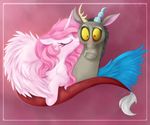  antler discord_(mlp) draconequus duo equine eyes_closed fangs female feral friendship_is_magic hair horn horse kissing male mammal mn27 my_little_pony pink_hair pony princess princess_celestia_(mlp) red_eyes royalty surprise winged_unicorn wings 