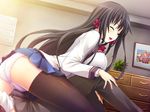  aihara_saoi black_hair escu:de game_cg gurenka long_hair nekonyan panties penis seifuku thighhighs underwear 