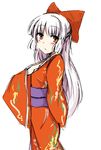  blush bow chata_maru_(irori_sabou) fujiwara_no_mokou hair_bow japanese_clothes kimono long_hair looking_at_viewer simple_background solo touhou very_long_hair white_background 