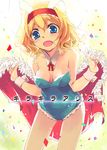  alice_margatroid animal_ears blonde_hair blue_eyes blush bow breasts bunny_ears bunny_girl bunnysuit cape cleavage collarbone confetti detached_collar fake_animal_ears fishnet_pantyhose fishnets looking_at_viewer medium_breasts open_mouth pantyhose short_hair sleeveless smile solo text_focus touhou wrist_cuffs yuu_(kfc) 