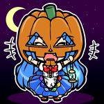  bow candle clenched_hands closed_eyes crescent eruru_(erl) fang halloween hinanawi_tenshi jack-o'-lantern lantern long_hair long_skirt mask night open_mouth outstretched_arms puffy_sleeves short_sleeves skirt solo touhou very_long_hair 