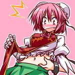  bandages belly_grab blush bun_cover cuffs double_bun fang flower hemogurobin_a1c ibaraki_kasen midriff navel open_mouth pinching pink_background pink_eyes pink_flower pink_hair pink_rose rose shackles shirt_lift short_hair skirt solo tabard touhou weight_conscious 