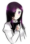  black_neckwear bow bowtie burn_scar hair_over_one_eye ikezawa_hanako juliet_sleeves katawa_shoujo long_hair long_sleeves looking_at_viewer magical_ondine puffy_sleeves purple_eyes purple_hair scar school_uniform shirt simple_background smile solo white_background white_shirt 