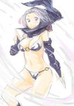 adapted_costume bare_legs bikini breasts bridal_gauntlets cleavage elbow_gloves forehead_protector gloves hood knife kumoi_ichirin large_breasts lavender_hair light_smile looking_at_viewer midriff navel purple_eyes sape_(saperon_black) sketch solo swimsuit touhou weapon 