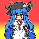  blue_hair blush bow eruru_(erl) food fruit hat hinanawi_tenshi leaf long_hair open_mouth peach puffy_sleeves red_eyes short_sleeves solo touhou very_long_hair 