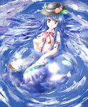  blue_hair bow food fruit hat highres hinanawi_tenshi leaf long_hair open_mouth partially_submerged peach puffy_sleeves red_eyes see-through short_sleeves shuizao_(little_child) solo touhou water 