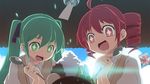  2girls :d bad_id bad_pixiv_id binzoko_megane_(san-inch) blush crossover drill_hair drooling green_eyes green_hair hatsune_miku kasane_teto kooribata long_hair multiple_girls open_mouth red_eyes red_hair saliva shaved_ice smile spoon twin_drills twintails utau vocaloid wind_chime 