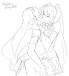  armlet breasts closed_eyes commentary detached_sleeves english_commentary eu03 greyscale hair_ornament hatsune_miku kiss large_breasts long_hair megurine_luka monochrome multiple_girls necktie sketch thighhighs twintails vocaloid yuri 