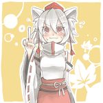  :3 animal_ears bad_id bad_pixiv_id bare_shoulders blush detached_sleeves fan flying_sweatdrops hat inubashiri_momiji long_sleeves lowres nexs_(akl) red_eyes silver_hair solo sweat tokin_hat touhou v v-shaped_eyebrows wide_sleeves wolf_ears yellow_background 