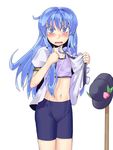  alternate_eye_color bad_id bad_pixiv_id bike_shorts blue_eyes blue_hair blush flat_chest food fruit futomashio groin hat highres hinanawi_tenshi leaf long_hair navel open_clothes open_mouth open_shirt panties peach puffy_sleeves shirt short_sleeves solo sports_bra touhou underwear white_background 